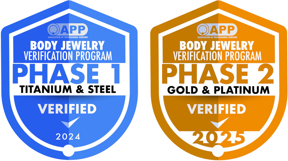 Association of Professional Piercers Body Jewelry Verification Program badges: Phase 1 Titanium & Steel, and Phase 2 Gold & Platinum