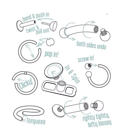 Ring jewelry techniques: bend and push in, twist and pull out, both sides undo, pop in, clicky segmented rings, screw in, in and spin, torque, and righty-tighty lefty-loosey