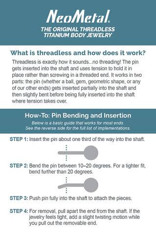 NeoMetal how-to for pin bending and insertion: insert the pin about one third of the way into the shaft, bend the pin between 10-20 degrees, push fully into the shaft to attach, and for removal pull apart from the shaft